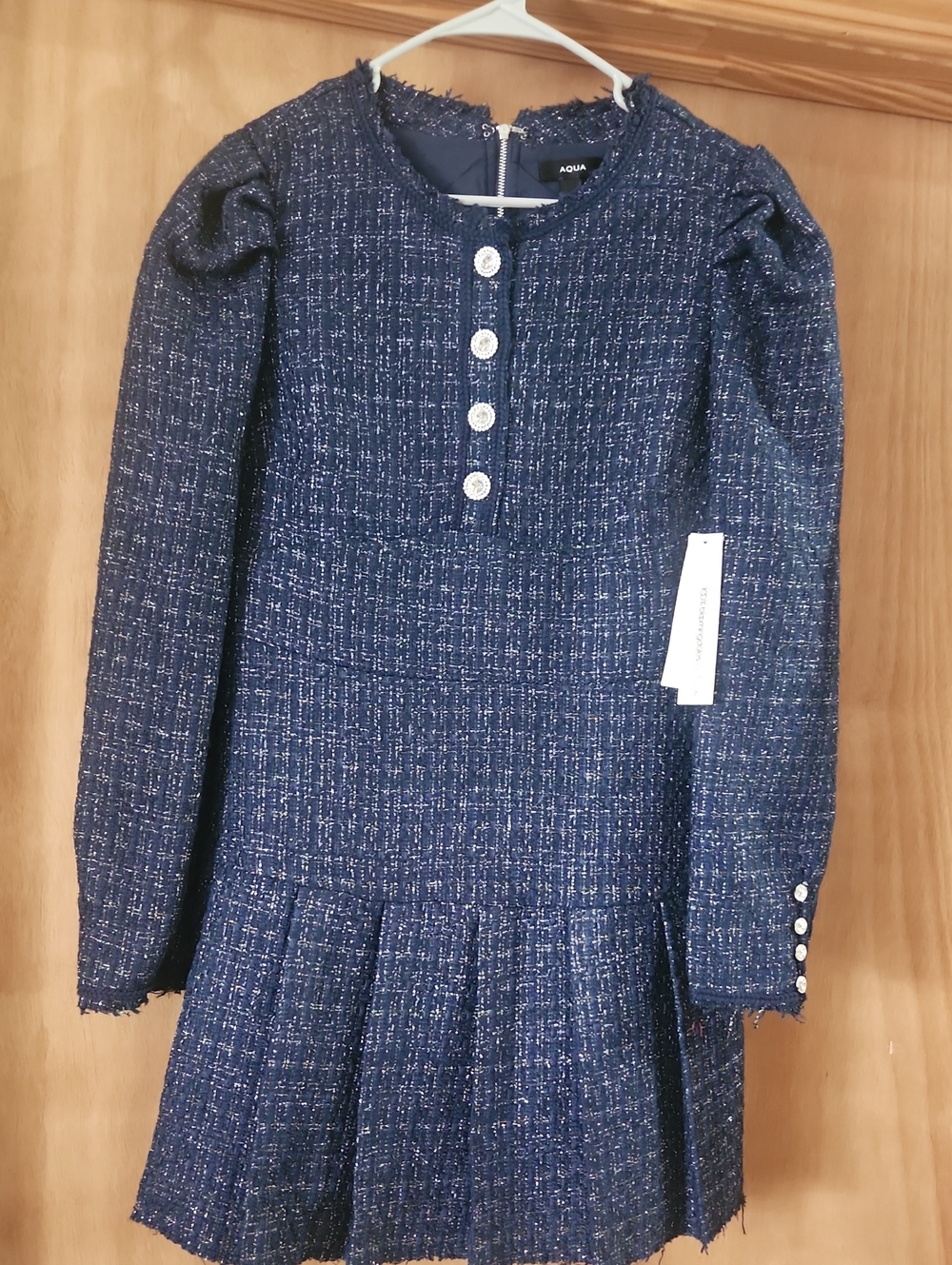 Aqua Navy Tweed Pleated Long-Sleeve Dress